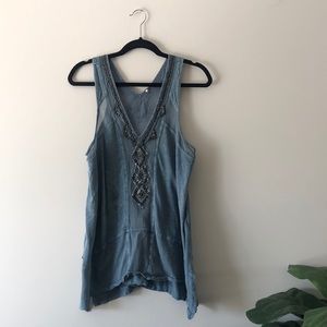 Free People blue beaded mesh boho tank top